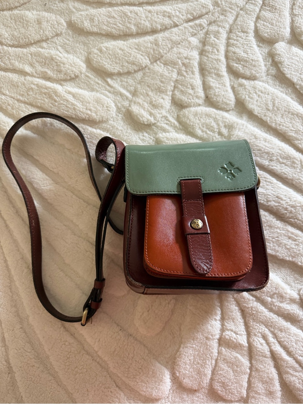 Patricia Nash Two-Tone Sage Green and Brown Leather Crossbody